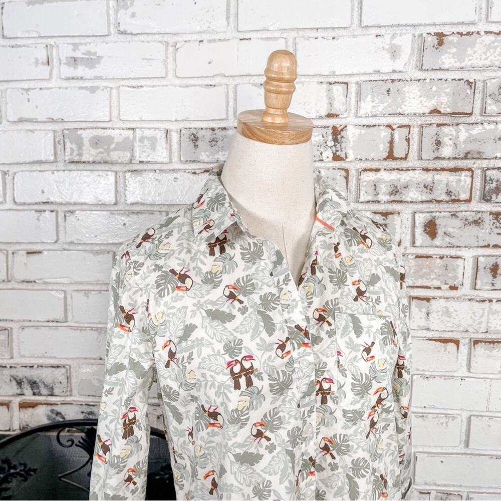 Croft & Barrow Green & White Novelty Toucan Tropical Button Down Cotton Top S